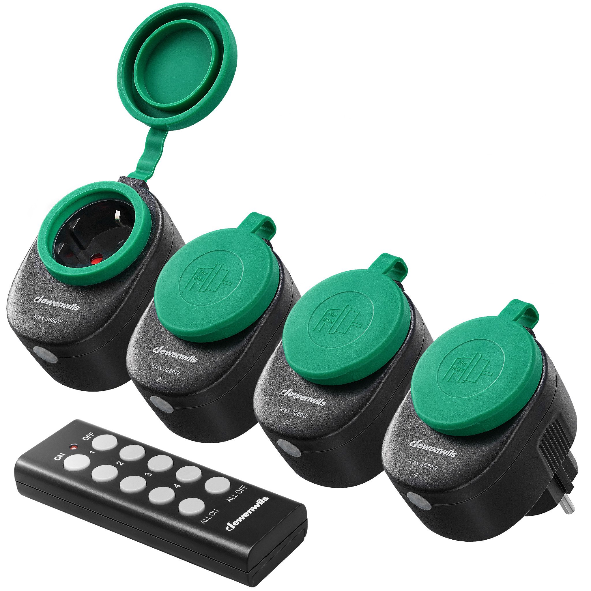 DEWENWILS Funksteckdose mit Fernbedienung, Außen, max. 3680 W, 4-St., Funkstecker für Feiertagsdeko, 30 M Reichweite