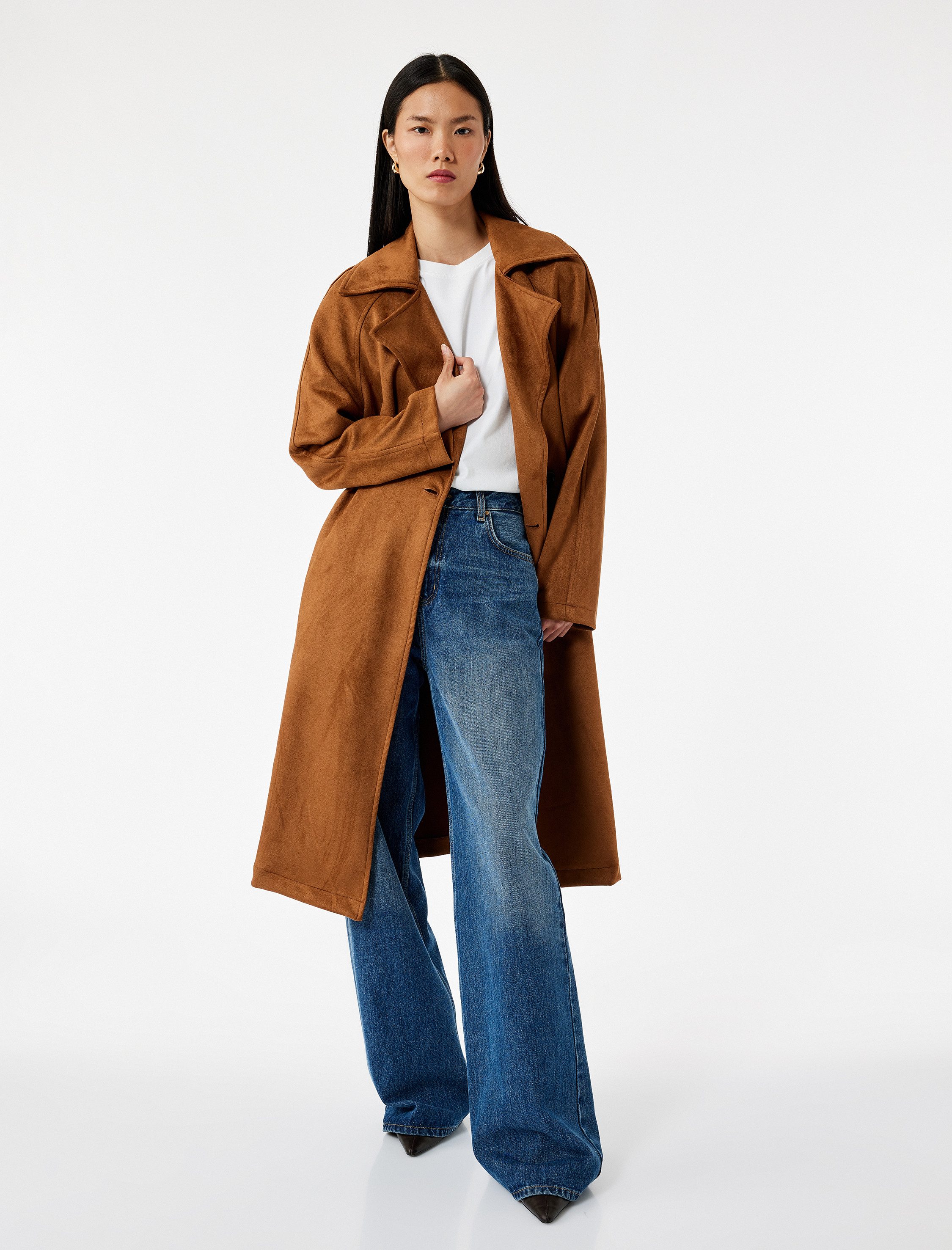 Koton Trenchcoat Koton Langer Zweireihiger Süet-Trenchcoat