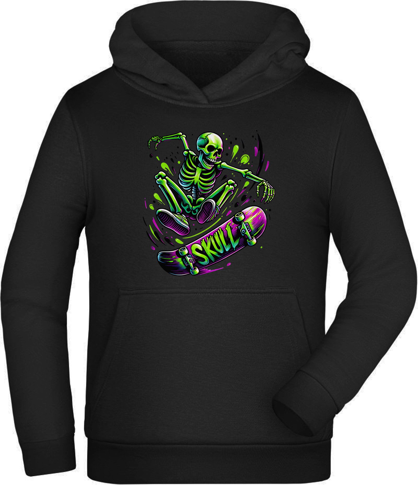 MyDesign24 Hoodie Kinder Kapuzensweater - Springender Skelett Skateboarder Kapuzenpulli mit Aufdruck i538