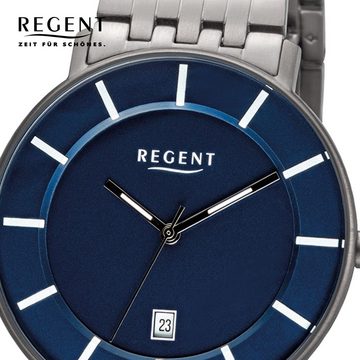 Regent Quarzuhr Regent Herren Uhr F-1176 Metall Quarz, Herren Armbanduhr rund, mittel (ca. 39mm), Metallarmband