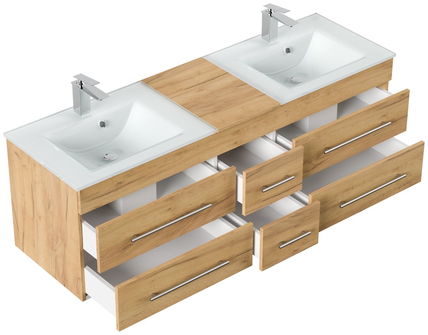 Thumbnail - Magnolia Home Doppelwaschtisch Badmöbel Vitro XL mit Doppel-Glasbecken SoftClose eiche gold