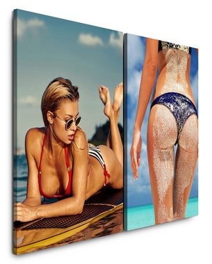 Sinus Art Leinwandbild 2 Bilder je 60x90cm Surfbrett Bikini Sexy Model Traumurlaub Erholung Süden Paradies