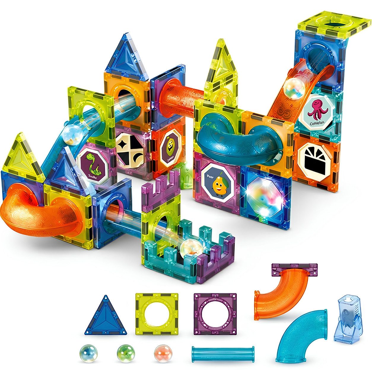 Goldstern-Tech 75- oder 110-teilig LightCube Magnetspielbausteine, (kreatives Spielset, 75 St., Kombiniertes Bau- und Kugelbahnsystem), STEM-Konstruktionsspiel für kreatives 2D- & 3D-Bauen