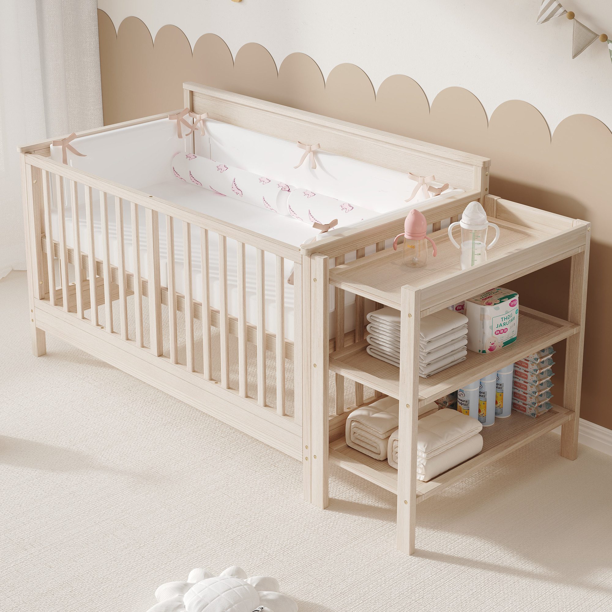 Merax Babybett 3-in-1 Gitterbett 140x70 cm, Massivholz Kinderbett, 1-tlg., 3-fach höhenverstellbar, Beistellbett & Sofa-Modus, mit Wickeltisch – Bild 4 von 5