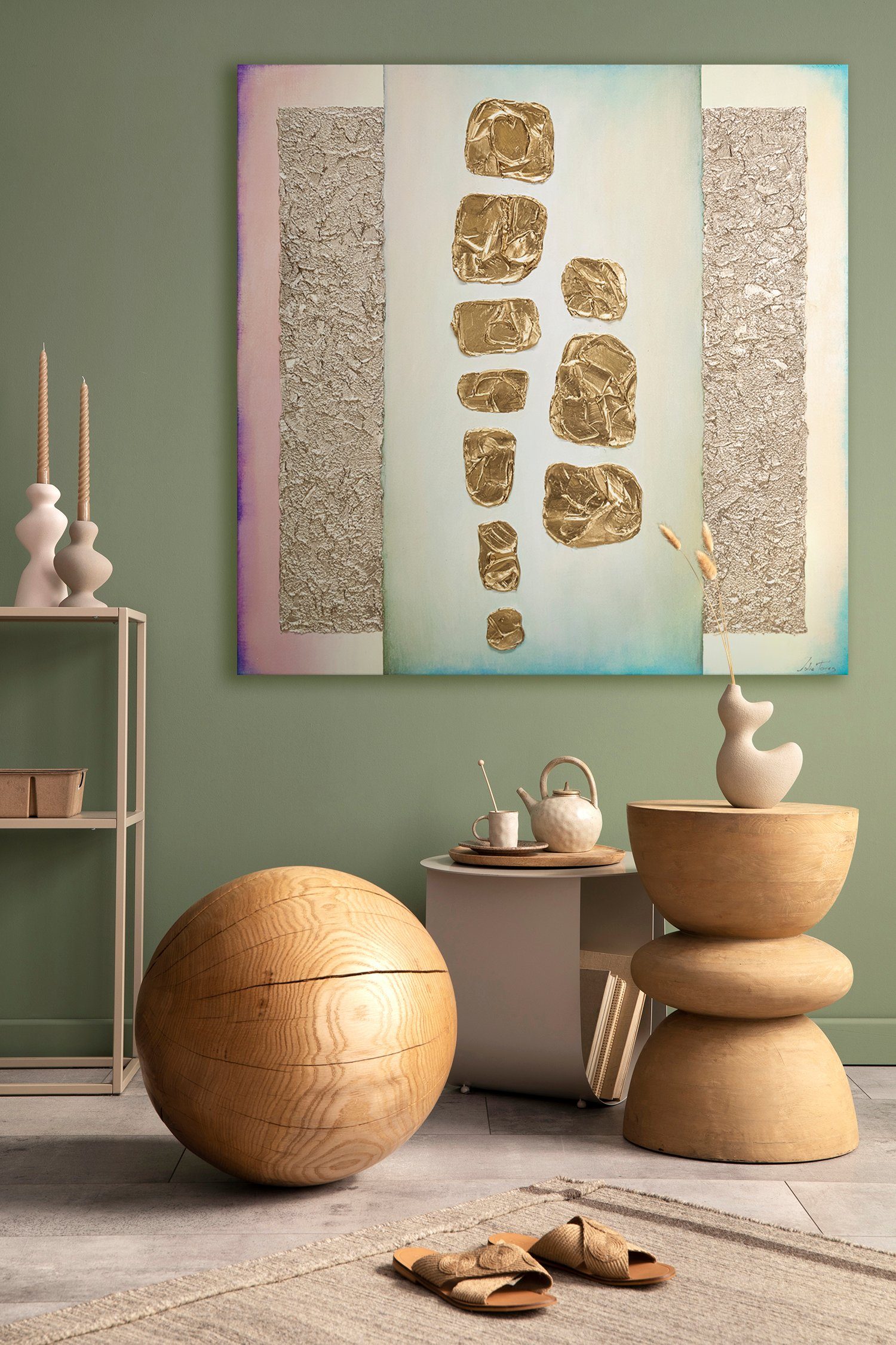 Abstraktes Bilder, auf Bild YS-Art Lila Grün Gemälde Goldfunkel, Handgemalt Gold Bunt Abstrakte Leinwand