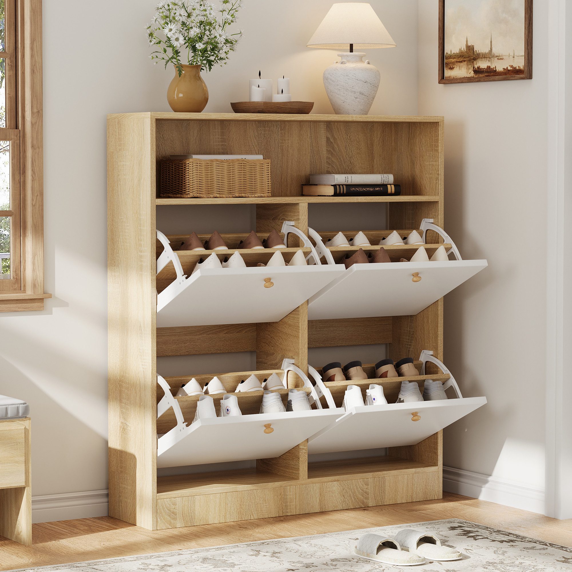 Flieks Schuhschrank mit 4 Klappen & 1 offenen Ablagefächern (1-St., B90xT24xH104,5 cm) Schuhkipper mit verstellbarer Einlegeböden Schuhkommode Holzoptik