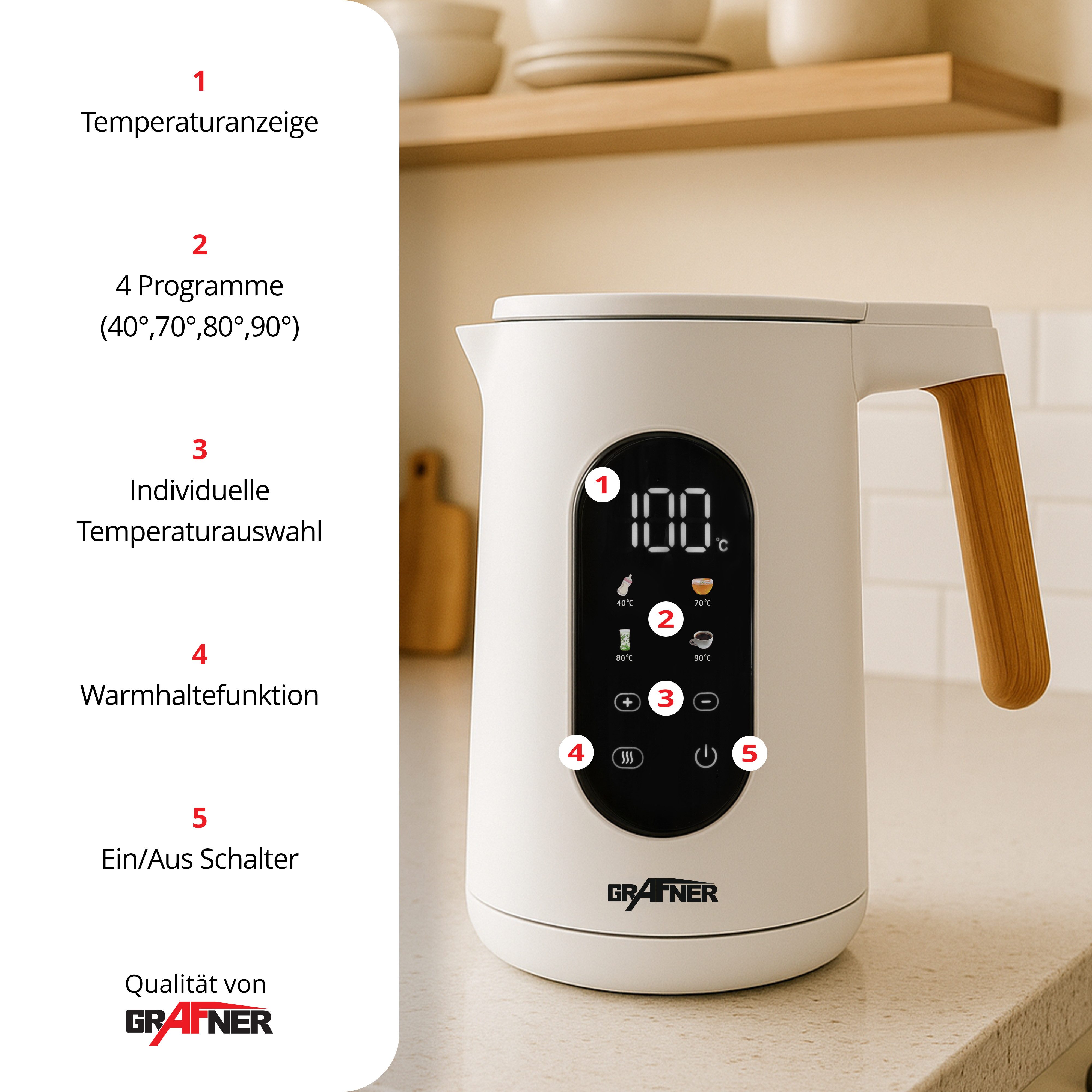 Grafner Wasserkocher Wasserkocher Edelstahl Holzdekor Temperatureinstellung Display 2200W, 2200 W, Edelstahl, weiß
