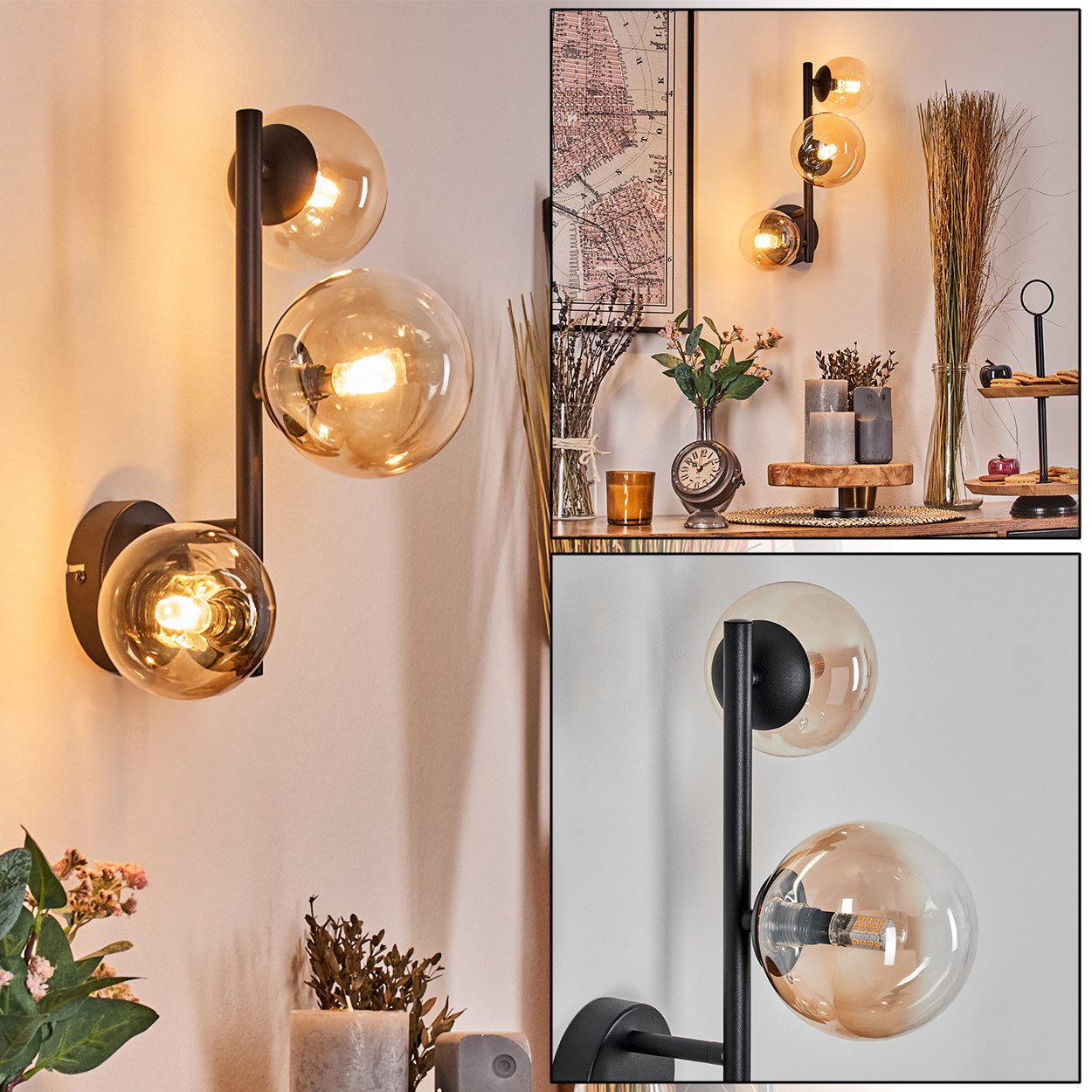 hofstein Wandleuchte Wandlampe aus Metall/Glas in Schwarz/Bernsteinfarben/Klar, ohne Leuchtmittel, moderne Wandleuchte im Retro/Vintage-Design (Schirme 10; 12 cm), G9