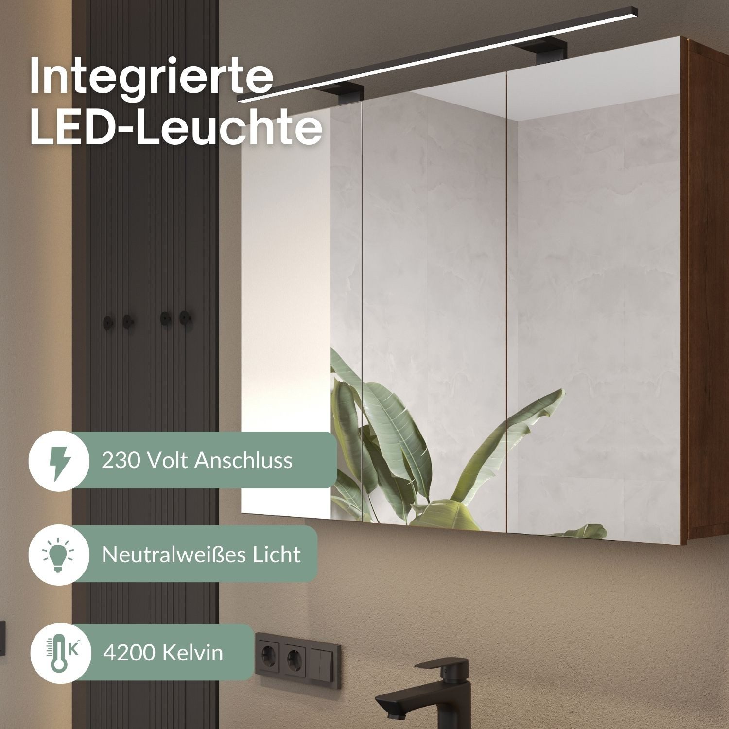 Planetmöbel Spiegelschrank ARIA Badschrank 100 cm mit Beleuchtung & Steckdose, Glaseinlegeböden (Spiegelschrank Bad 100 cm mit Beleuchtung und Steckdose, Badspi – Bild 5 von 5