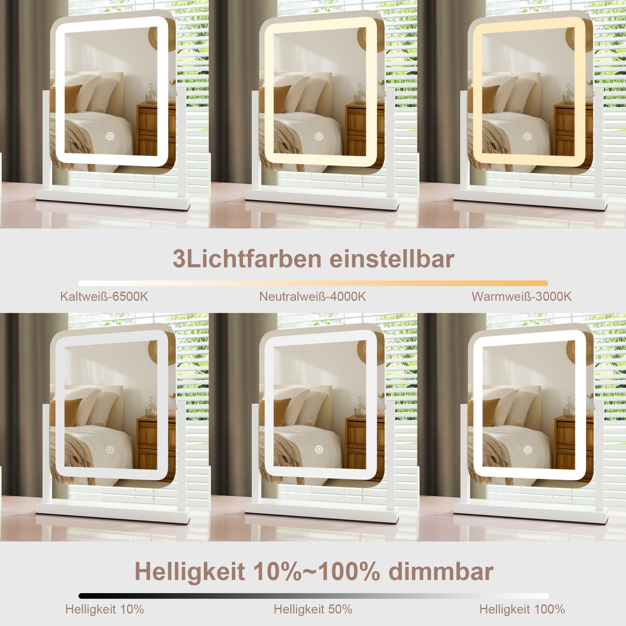 WDWRITTI Schminkspiegel mit Beleuchtung für tisch Kosmetikspiegel 3Lichtfarben Dimmbar Touch (Tischspiegel Rund Rundbogen Rechteckig, mit Touch, LED), HD Kupfer- und bleifreier Spiegel, Stabile Standfuß