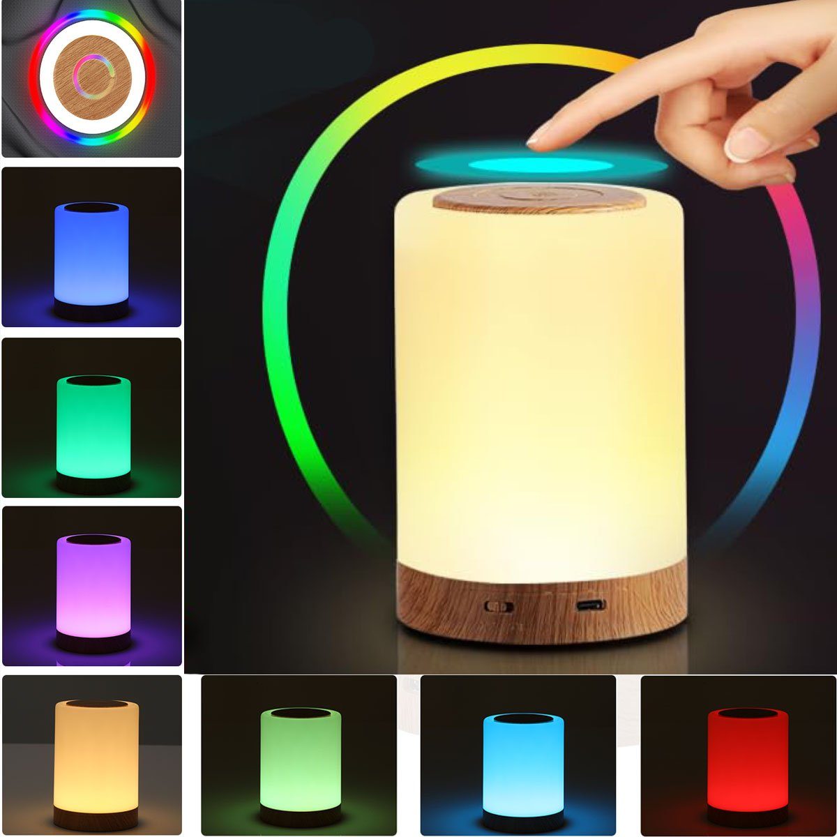 LETGOSPT LED Nachtlicht LED Nachttischlampe Touch Dimmbar Tischlampe mit 10 Farben und 4 Modi, LED fest integriert, bunt, Holzmaserung Nachtlicht USB Aufladbar, für Schlafzimmer Wohnzimmer