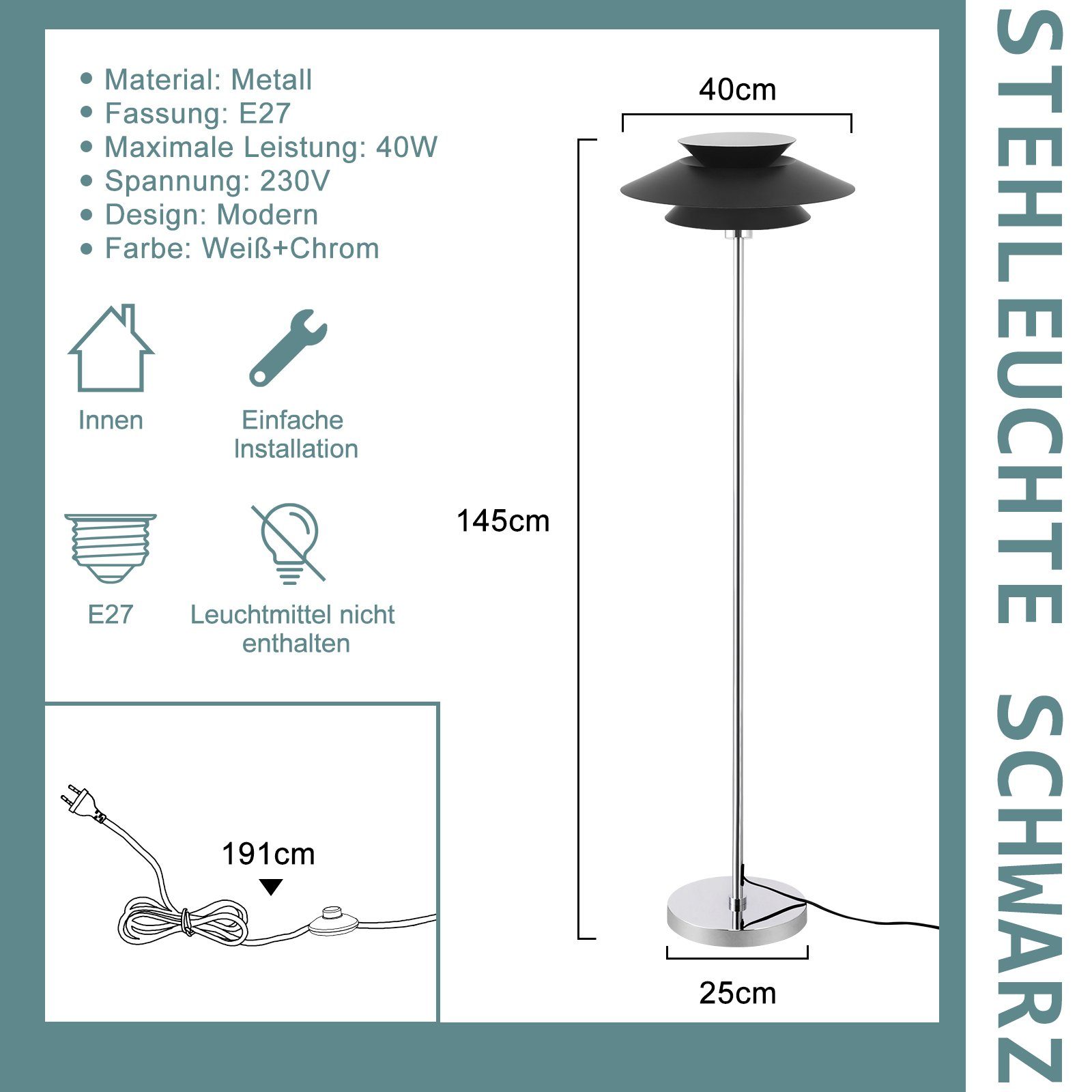 Nettlife Stehlampe Wohnzimmer Vintage E27 Metall Modern Stehleuchte Standlampe, Mit Fußschalter, LED wechselbar, für Schlafzimmer Arbeitszimmer Büro – Bild 5 von 5