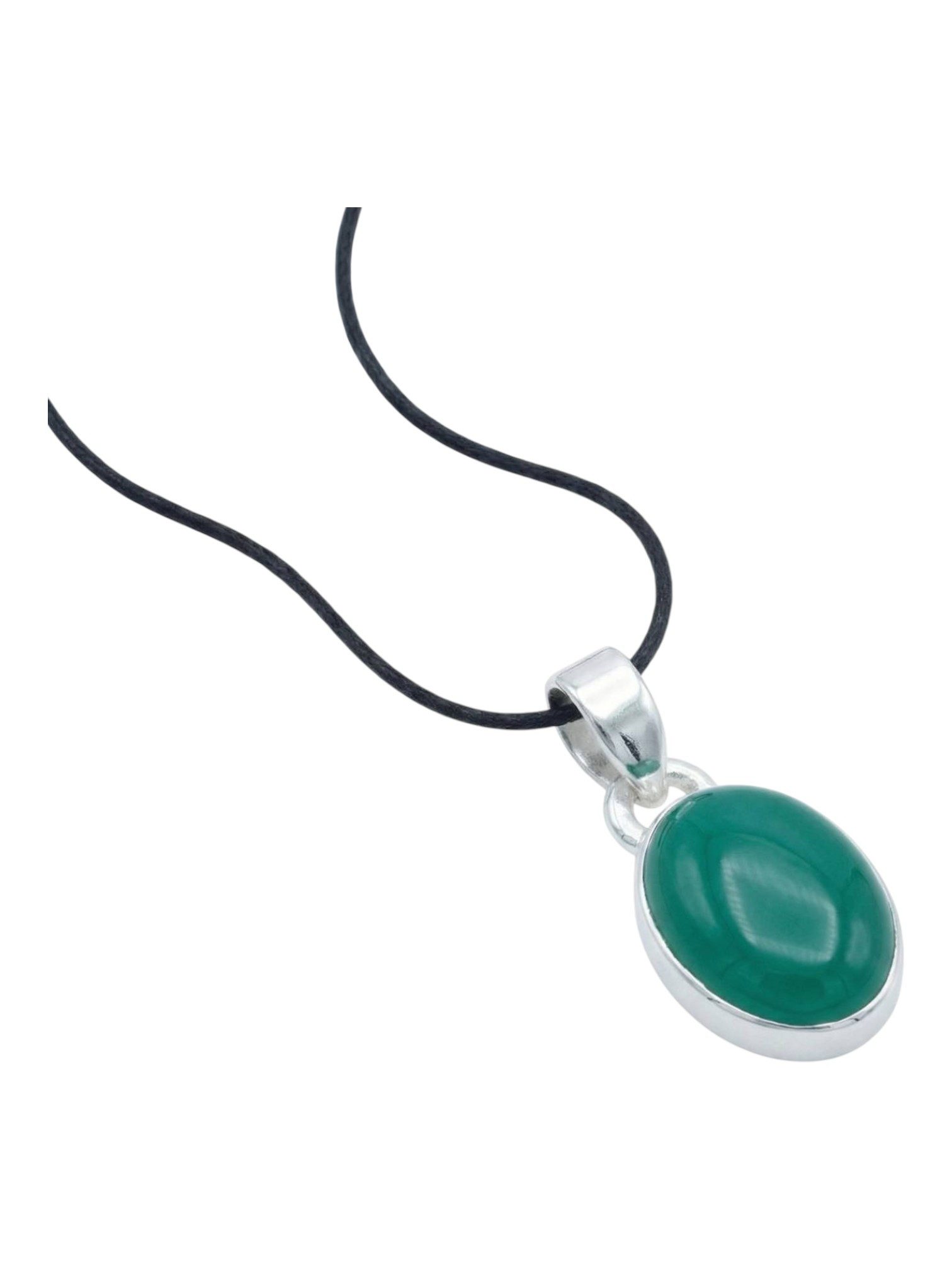 mantraroma Kettenanhänger SAMA oval aus 925 Silber mit grünen Onyx (Kettenanhänger am Baumwollband im Schmuckbeutel), 925 Sterling Silber Kettenanhänger für Damen
