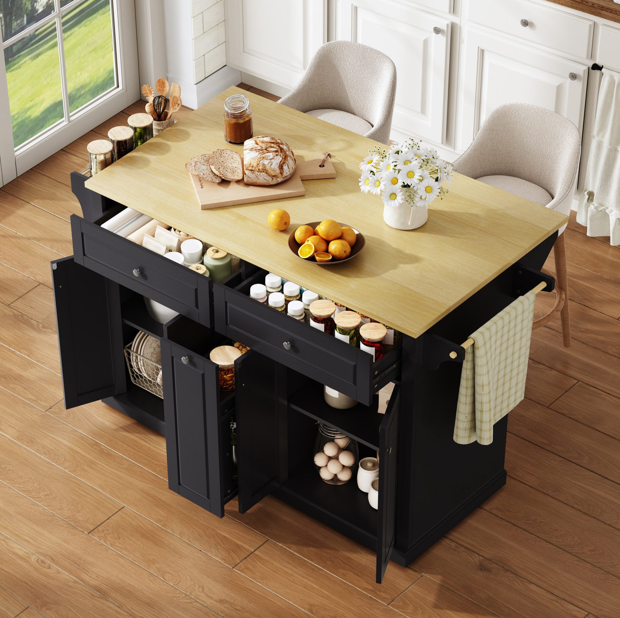 REDOM Kücheninsel 121×49(69)×89 cm Küchenschrank mit ausklappbarer Arbeitsfläche, (Küchenwagen mit Stauraum und zweistufigem Schubladenauszug), Aufbewahrungsmöbel mit großen Schubladen und Rollenfunktion