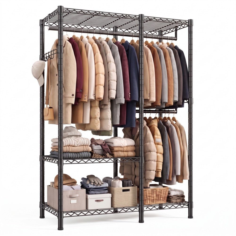 Klyvvo Kleiderständer Offener Kleiderschrank mit 3 Regalböden & 4 Haken für Mäntel, Jacken, (1 St., Höhenverstellbarer Kleiderständer mit 2 Kleiderstangen), 200 KG Tragfähigkei, für Schlafzimmer, Eingangsbereich, Schwarz