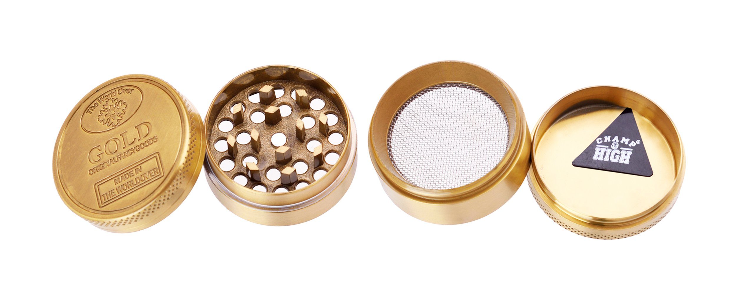 CHAMP HIGH Kräutermühle GRINDER GOLD 40mm Metall 4-tlg. Crusher Sieb Tabak Gewürz Herb 10, Kräuter Mühle