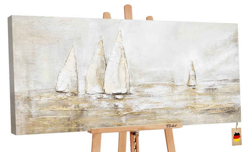 YS-Art Gemälde »Sonnenblendung«, Landschaftsbilder, Gold Segelboote Meer Wasser Leinwand Bild Handgemalt