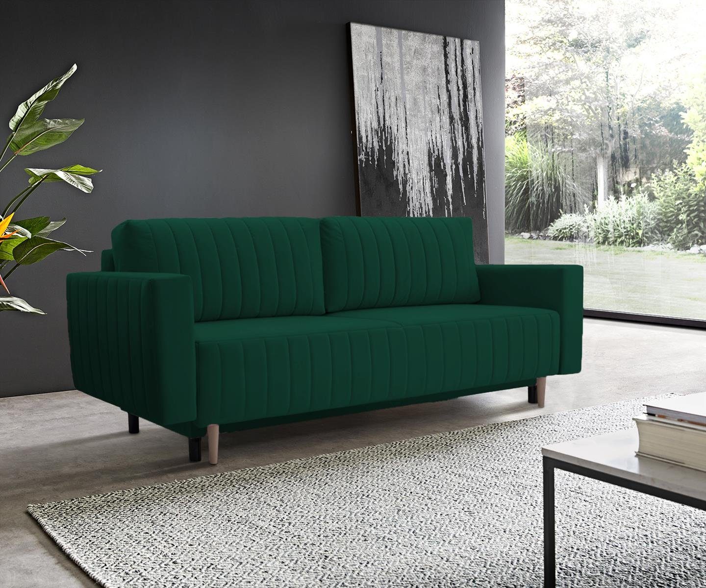 Beautysofa 3-Sitzer RAVI, 225 cm Veloursstoff Polstersofa, mit Bettfunktion und Bettkasten, Grau / Schwarz / Orange / Gelb / Grün / Blau, Velours Sofa, Dreisitzer auf Holzbeine Grün (trinity 28) | Einzelsofas