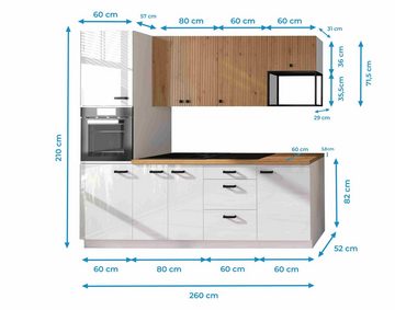 Furnix Küchenzeile Linta IV Küchenmöbel-Set 260 cm mit Hängeschränken ohne E-Geräte, ästhetisches zeitloses Design, 260x210x60 cm