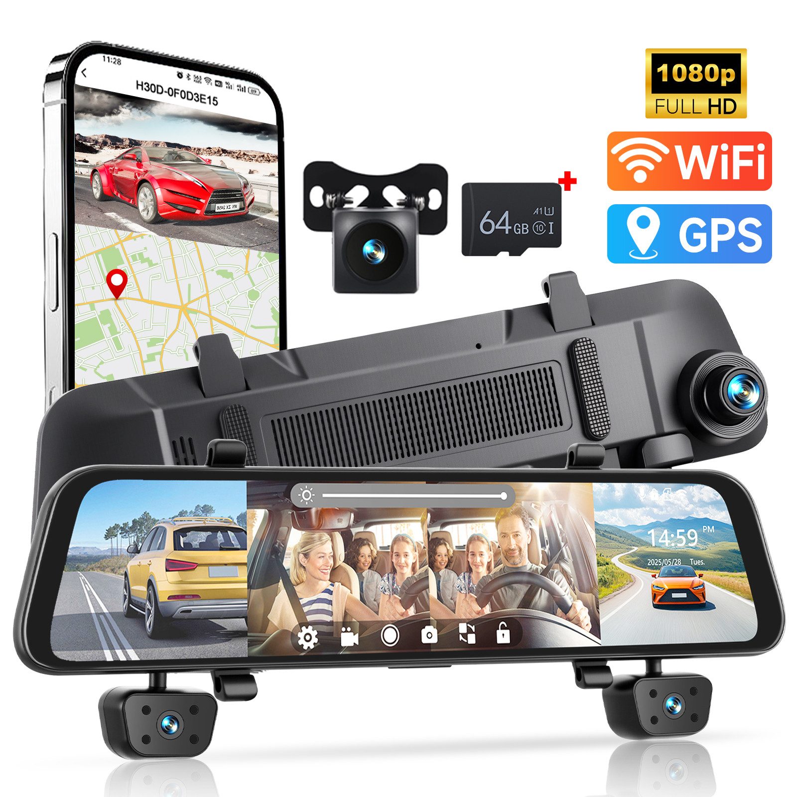Hikity Dashcam Auto GPS 12 zoll HD Rückspiegel-Dashcam 4 Kanal, G-Sensor Dashcam (HD, WLAN (Wi-Fi), 1080p, Schleifenaufzeichnung, Nachtsicht-Funktionalität)