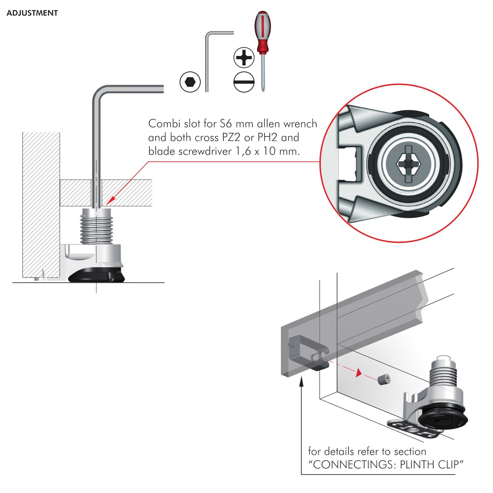 SO-TECH® Möbelbeschlag Sockelhöhenversteller INTEGRATO, Tragkraft 175 kg / Stück (1 St), Sockelfuß höhenverstellbar bis 25 mm, Höhe 37,5 mm