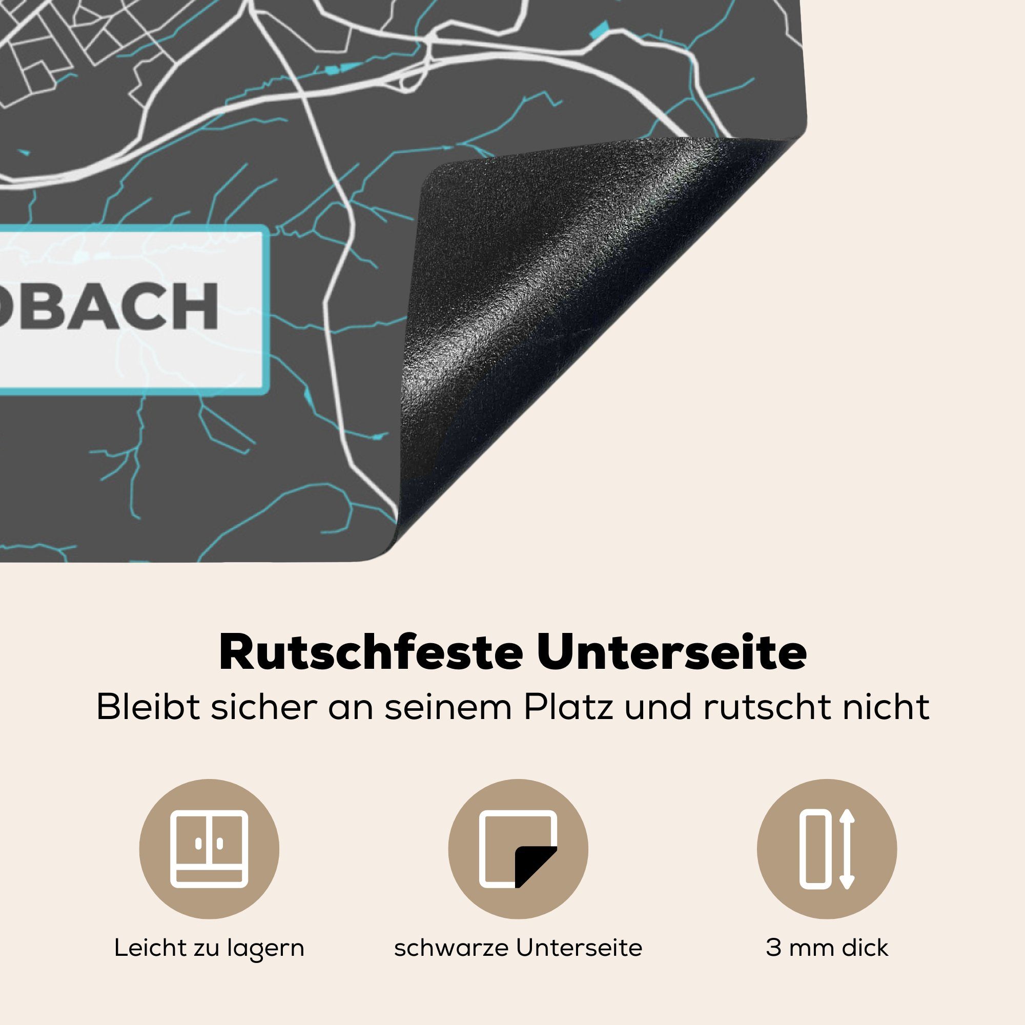 Deutschland, Herdblende-/Abdeckplatte MuchoWow 78x78 für tlg), Vinyl, (1 Blau Bergisch Ceranfeldabdeckung, cm, - küche - - Stadtplan Gladbach Arbeitsplatte - Karte