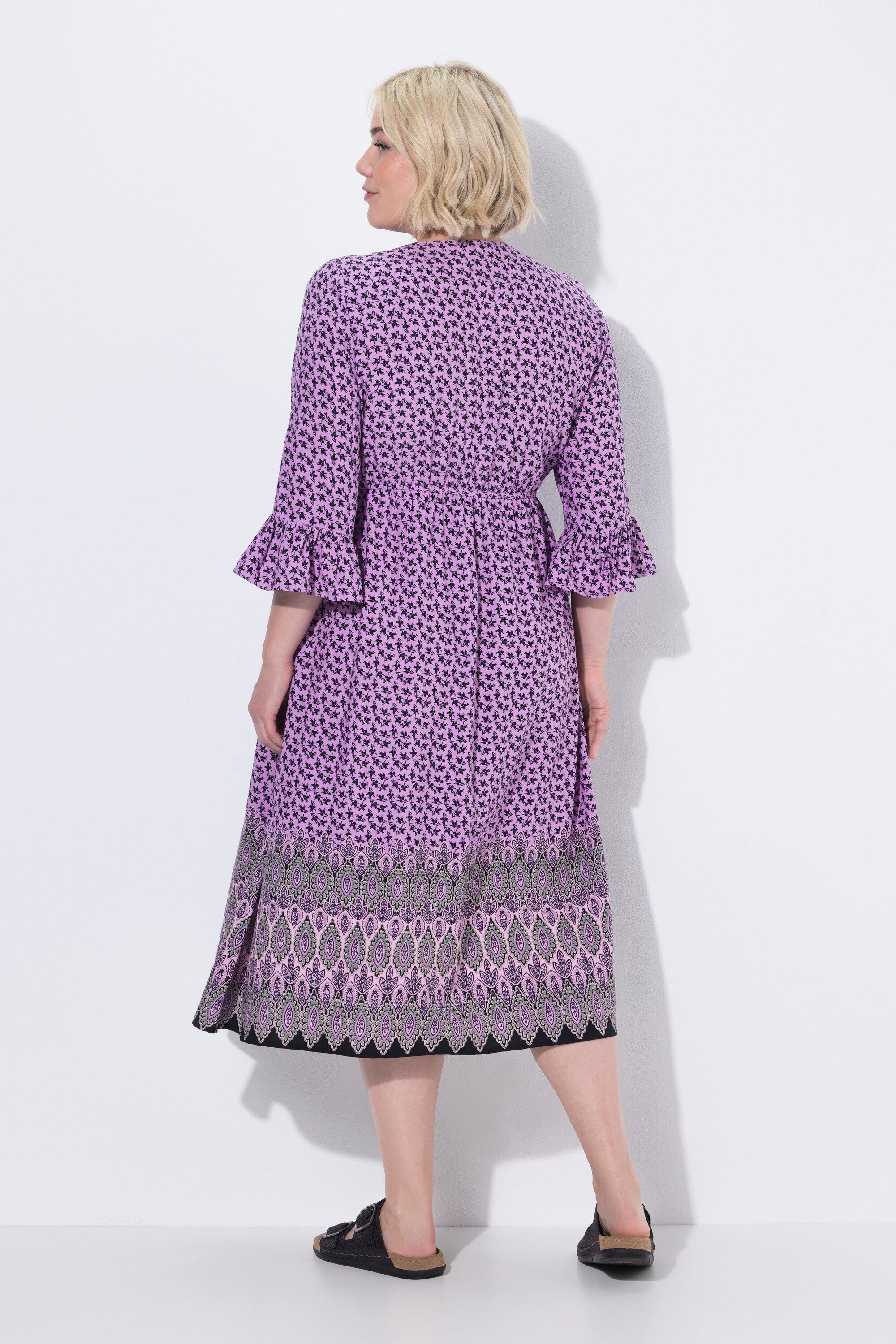 Ulla Popken Maxikleid Midikleid Tunnelzug A-Linie V-Ausschnitt 3/4-Arm