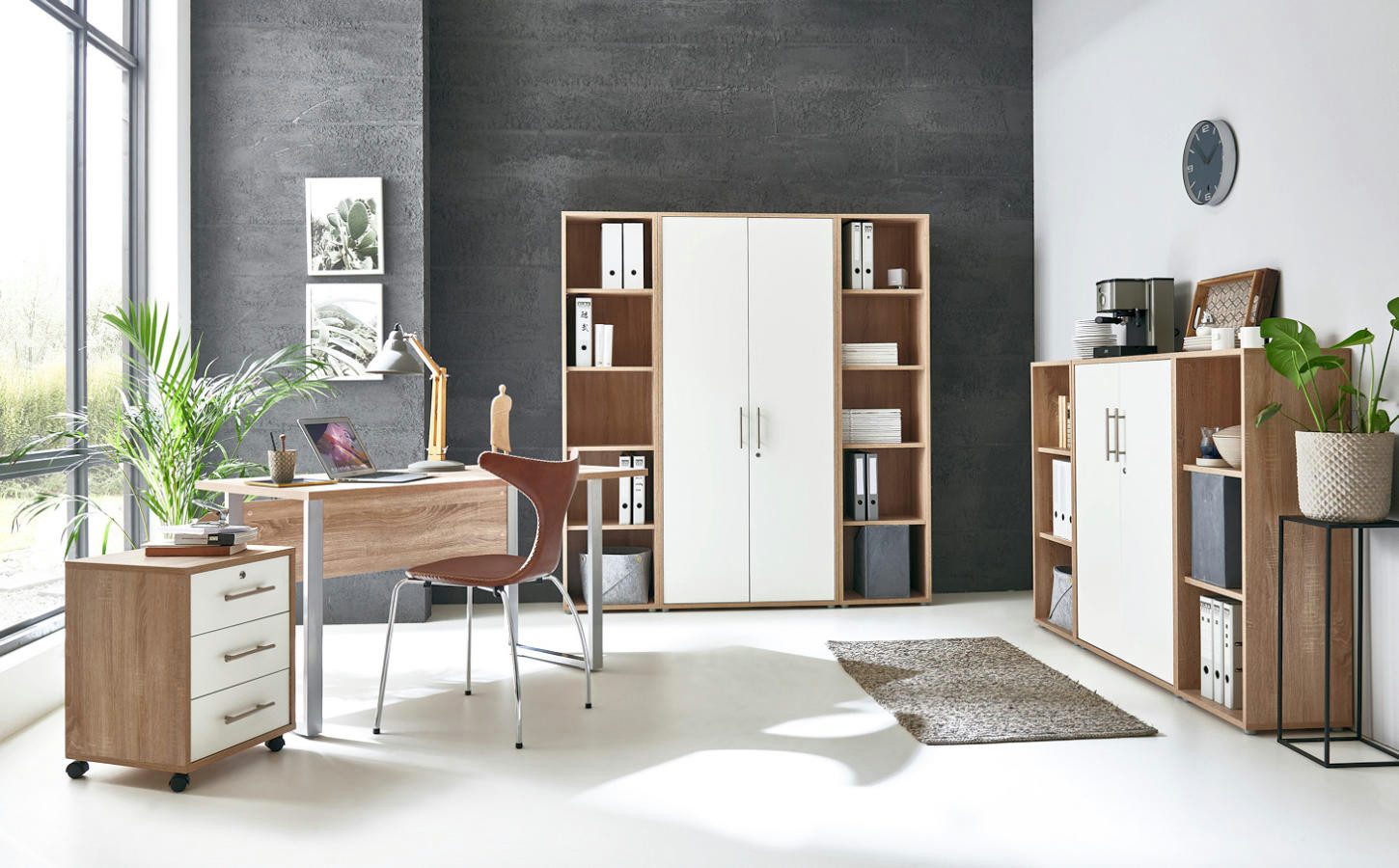 moebel-dich-auf Büromöbel-Set TABOR Set 5, (abschließbar, 8-tlg., Schreibtisch mit Rollcontainer + 2 Aktenschränke + 4 Aktenregale), mit Edelstahlgriffen & lackierten Fronten, MADE IN GERMANY