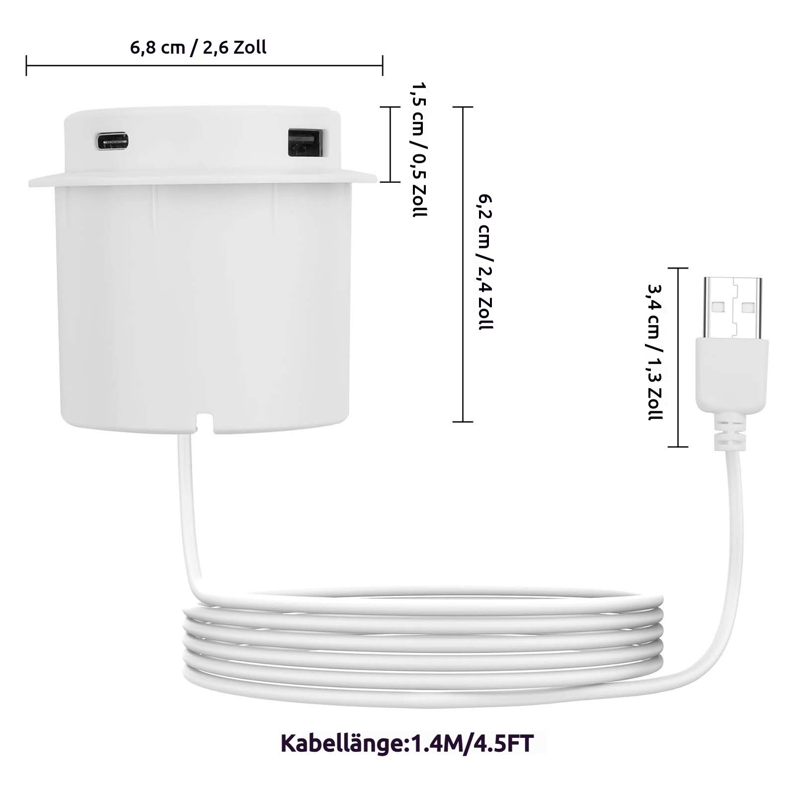 VIVIHEYDAY Einbausteckdose mit Typ-C, USB und 15W Kabellosem Lade, Einbau-Tischsteckdose, 3-in-1 Versenkte Steckdose, Versenkbare Tischsteckdose, 1,4m Kabel