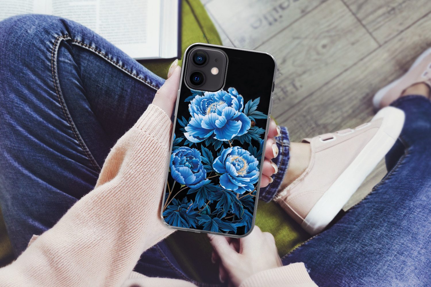 MuchoWow Handyhülle für Apple iPhone 12 mini Blumen - Schwarz - Blau - Modern, Smartphone-Bumper, Print, Handy Schutzhülle Dünn