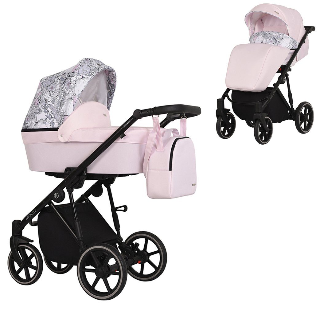 babies-on-wheels Kombi-Kinderwagen Molto 2 in 1 - 12 Teile - von Geburt bis 4 Jahre in 14 Designs Rosa-Dekor = schwarzes Gestell