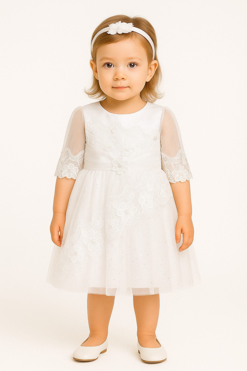 Lorey Medtec Partykleid Prinzessin Kleid, Festkleid, Taufkleid, Spitze, 100% Baumwolle, Weiß (Kleid + Haarreif) Spitze, Tüll