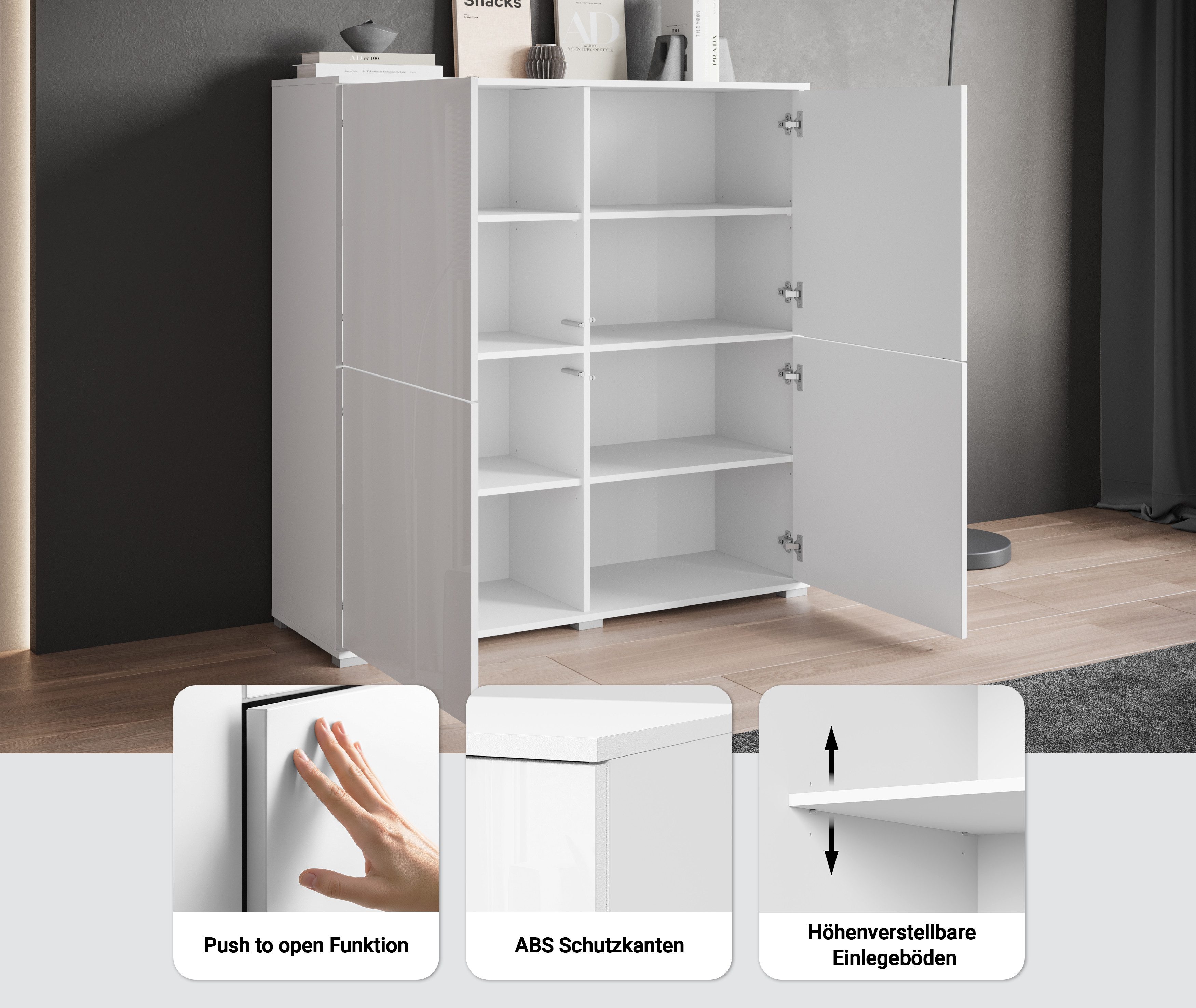 OTTO home Highboard Kenia, moderne grifflose Hochkommode mit 4 Türen, Breite 120 cm (1 St), Push-to-Open-Fronten, höhenverstellbaren Einlegeböden