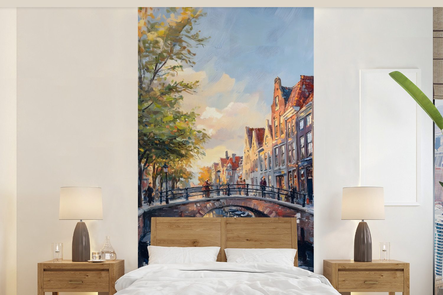 MuchoWow Fototapete Brücke - Stadt - Häuser - Boot, Matt, bedruckt, Vliestapete für Wohnzimmer Schlafzimmer Küche, Fototapete, 120x240 cm