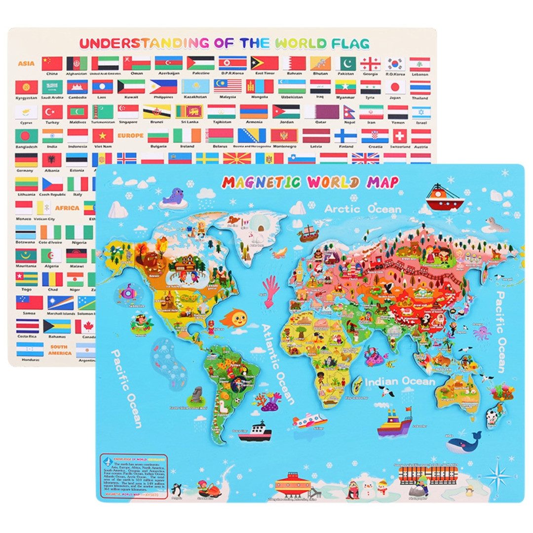White Fox Studio Lernspielzeug „Reise um die Welt – mit der Magnetischen Holz-Weltkarte!“, in Englisch, Magnetisches Design für interaktives Lernen