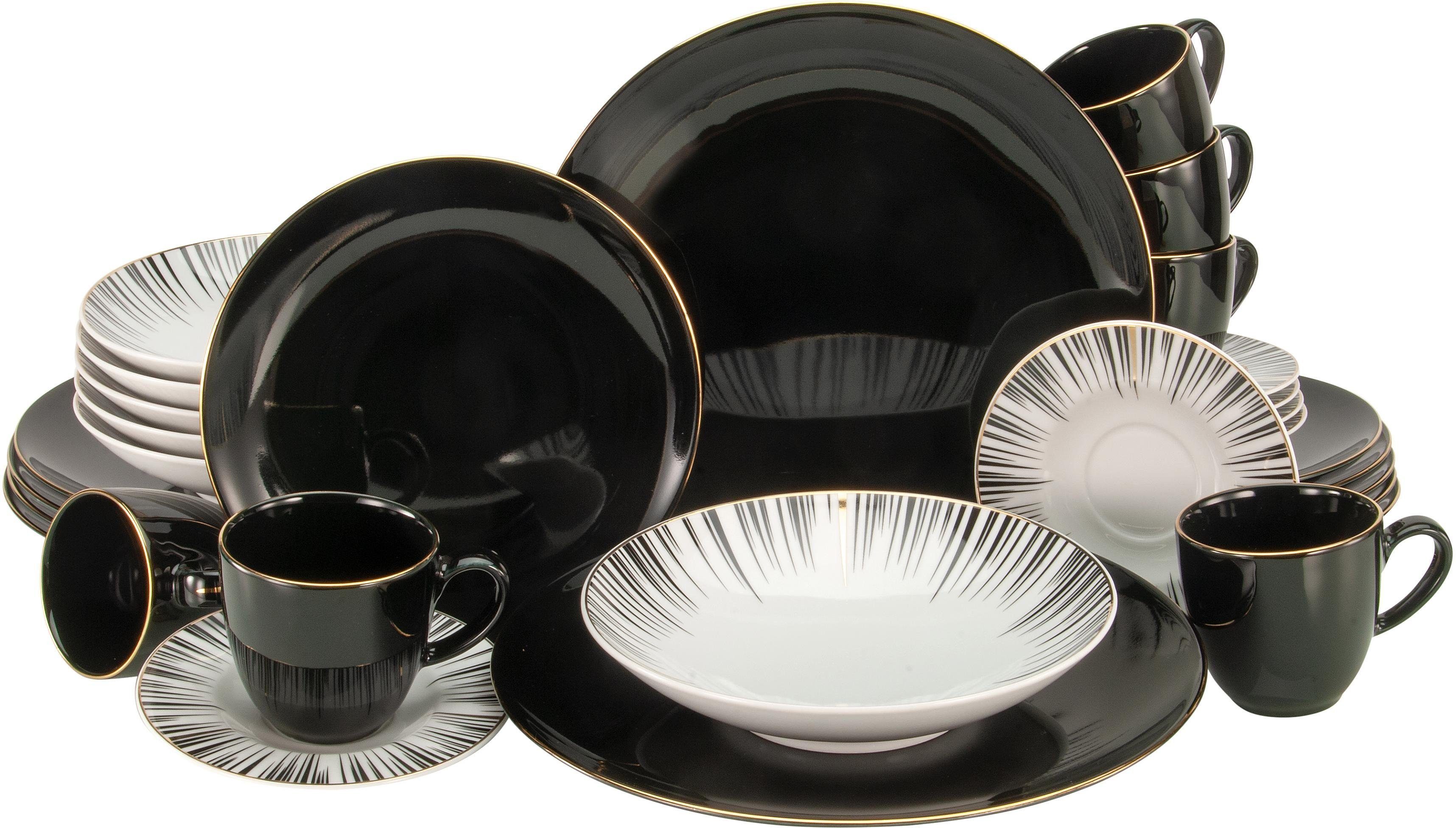 Kombination 30 Service, von Geschirr-Set Porzellan, Glasur (30-tlg), Style Personen, Kombiservice Enjoy Black 6 Teile, Personen, Goldrand, 6 für schwarz-weiß-gold - CreaTable handdekorierter