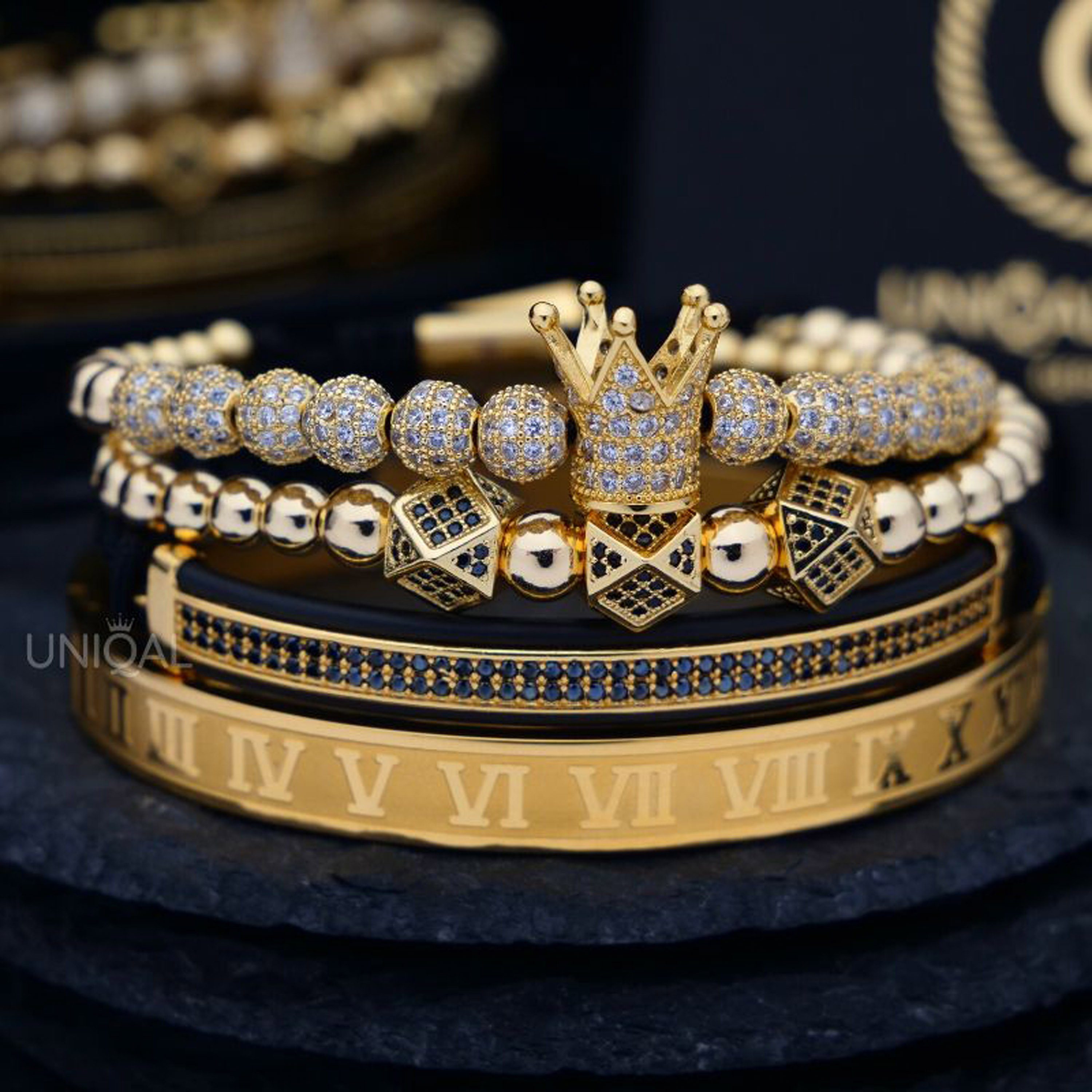 UNIQAL.de Edelstahlarmband Set Edelstahlarmband SET Herren "ROYAL KING" vergoldet - Set 4-Armbänder (Edelstahl, Casual Style, handgefertigt), mit Zirkonia