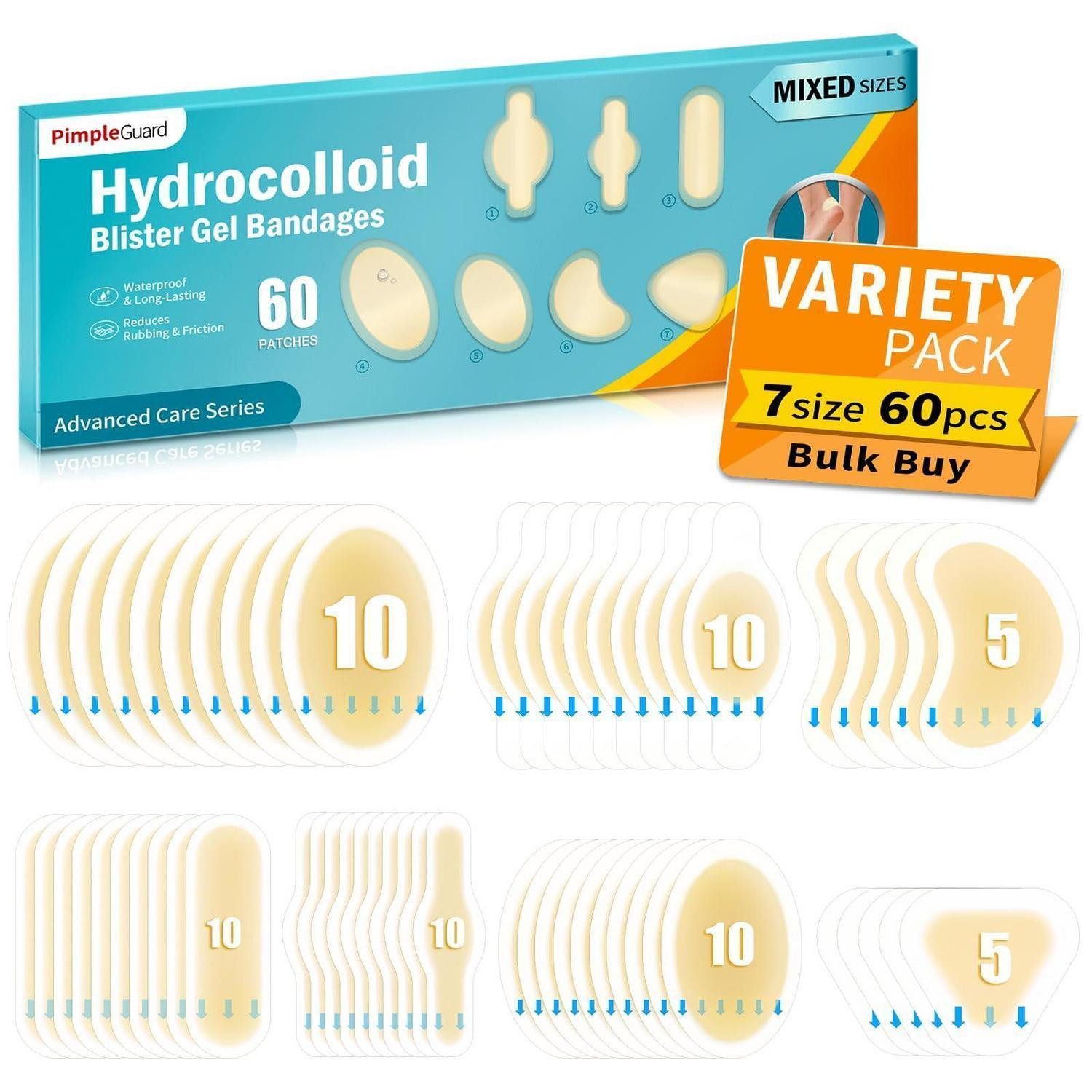 LuxusKollektion Blasenpflaster Blasenpflaster Hydrokolloid Gel Variety Pack 60 PCS-7 Größen
