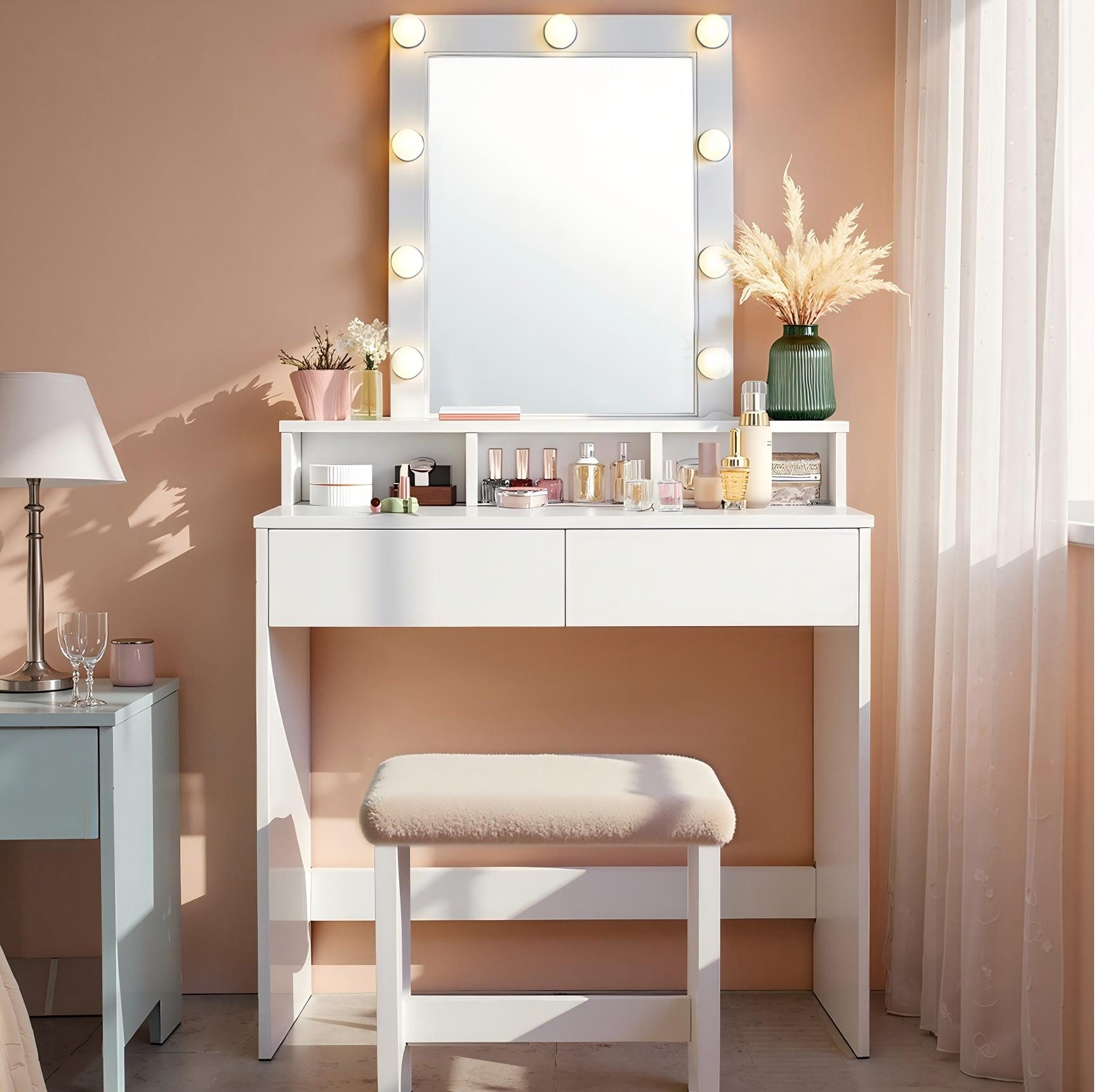 VASAGLE Schminktisch Kosmetiktisch mit LED-Beleuchtung, einstellbare Helligkeit, modern, mit 2 Schubladen und 3 offenen Fächern