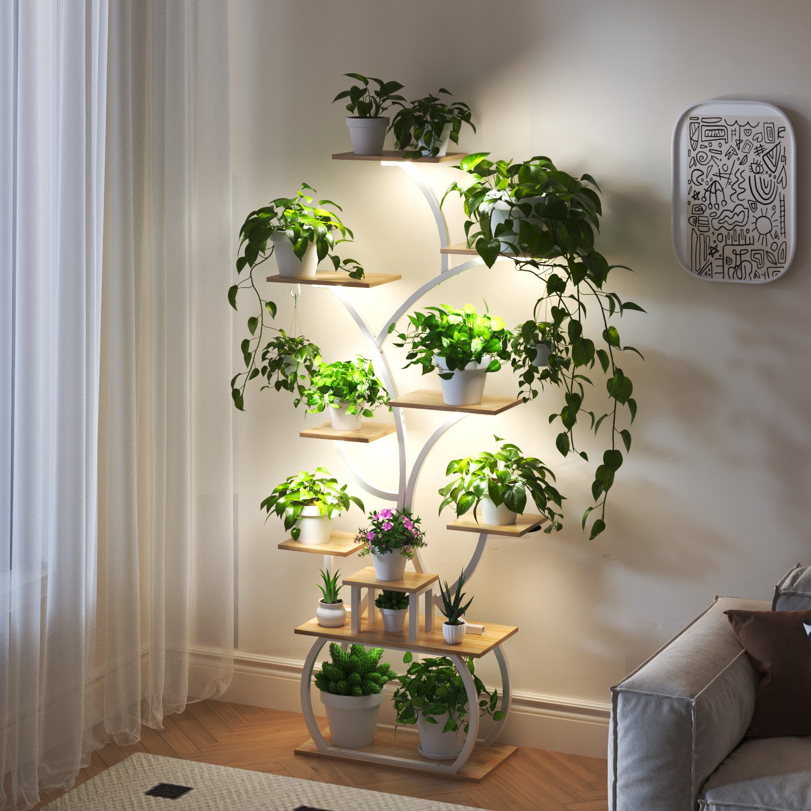 VINGLI Blumenständer Pflanzenständer mit LED-Wachstumslampen, 10-stöckiges Pflanzenregal, aus Holz und Metall, Stabil und platzsparend, 155*80*26cm