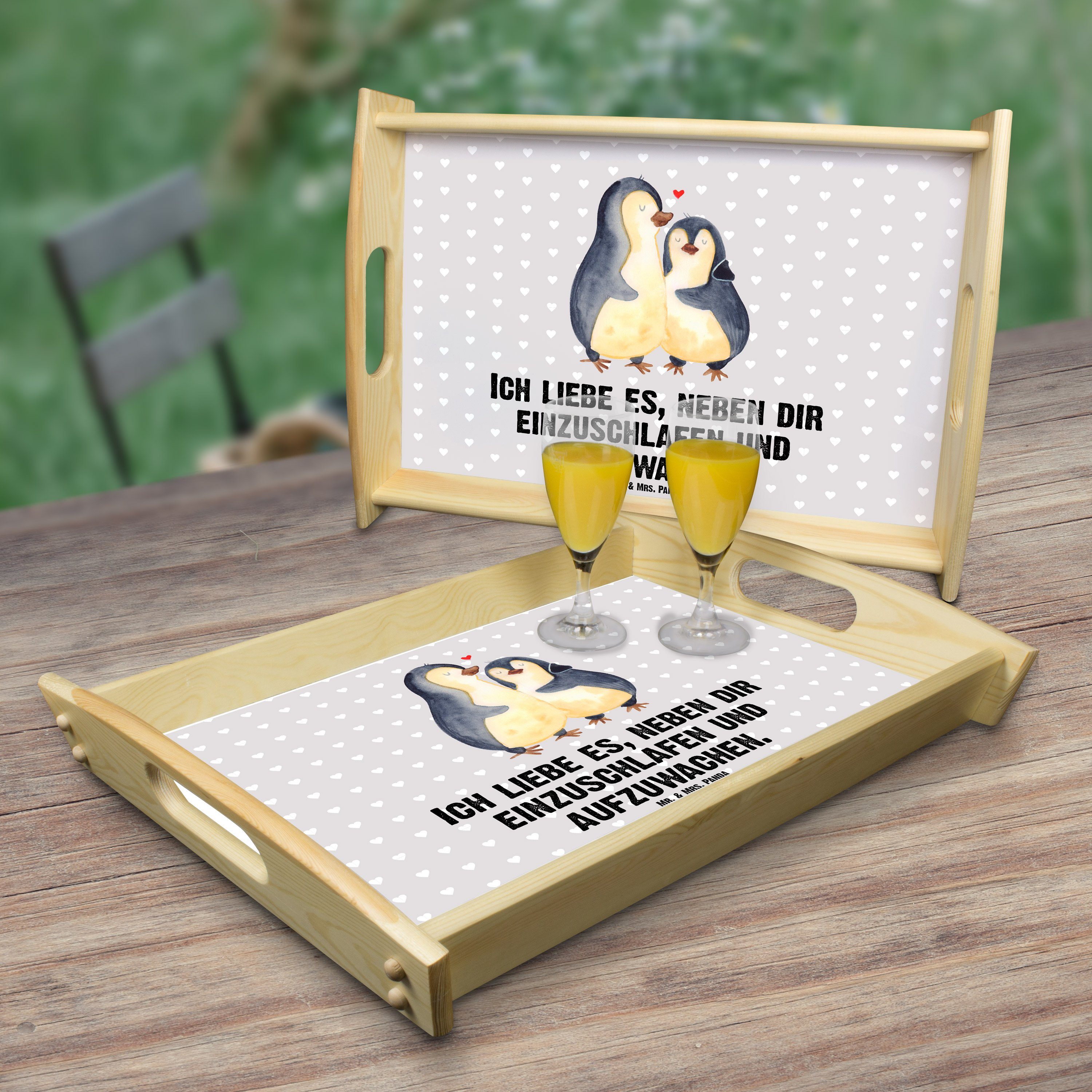 Mr. & - Einschlafen Verlobung, Echtholz Jahrestag, Geschenk, - Pinguine Mrs. (1-tlg) Tablett Grau Pastell lasiert, Panda