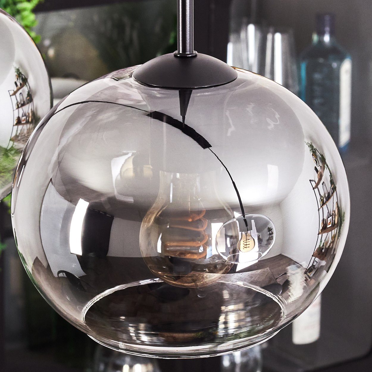 hofstein Hängeleuchte Hängelampe aus Metall/Glas in Schwarz/Rauchfarben/Klar, ohne Leuchtmittel, im Vintage/Retro Design, Glasschrime Ø20cm, 3x E27, ohne Leuchtmittel