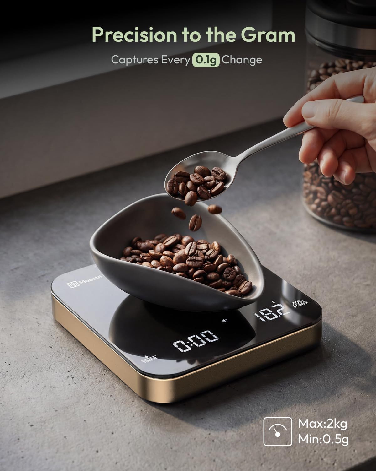 Maestri House Küchenwaage K112 Espressowaage mit Auto-Timer, 0,1 g / 2 kg, (1-tlg., Glasoberfläche für Espresso und Pour Over), Touch-Bedienung, USB-C, Tara, St – Bild 5 von 5