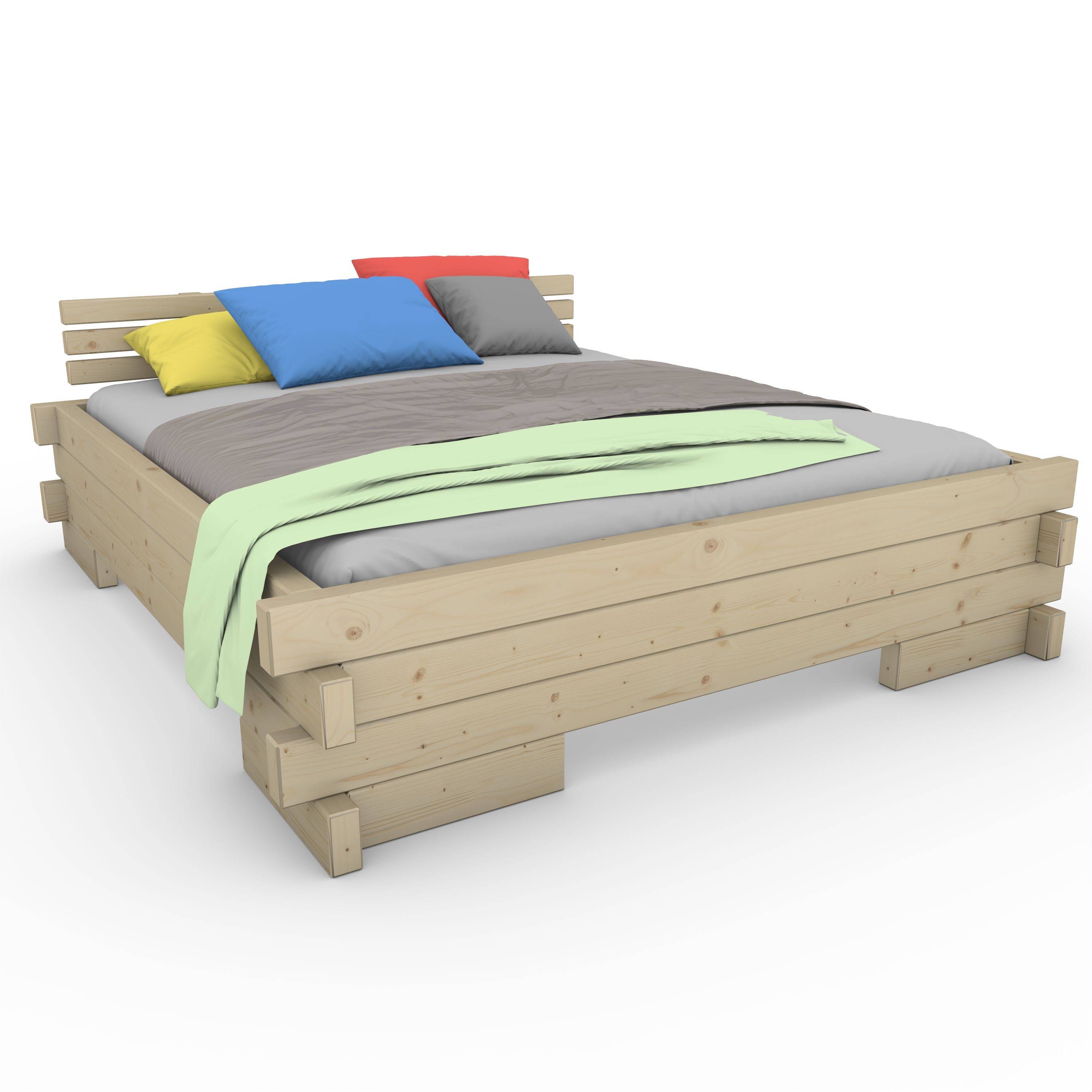 TUGA-Holztech Massivholzbett Balkenbett 90 x 220 cm Holz Massivholzbett Fichtenbett mit Überstand, Breite 80 90 100 120 140 160 180 200 Длина 200 220