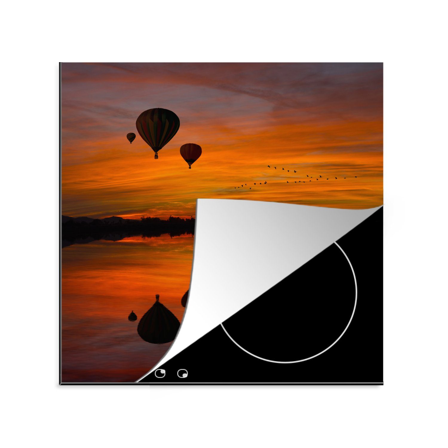 MuchoWow Vinyl, tlg), Silhouette küche Herdblende-/Abdeckplatte Sonnenuntergang, 78x78 bei Heißluftballons Vogelschwarm (1 für Ceranfeldabdeckung, von cm, Arbeitsplatte und