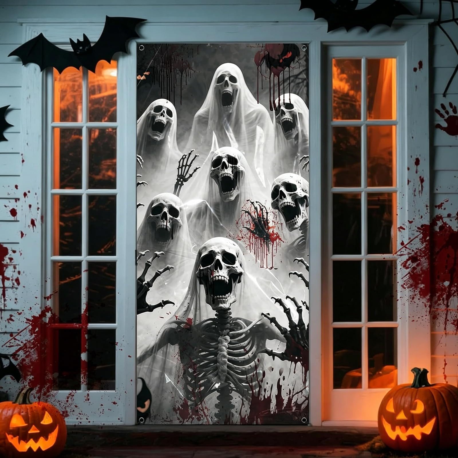 FOUORTUNATE-BEE Türvorhang Halloween Türvorhang 90x180 cm mit Skelett- und Geistermotiv, Halloween Türbanner für Haustür, Party, Garten und Geisterhaus Deko