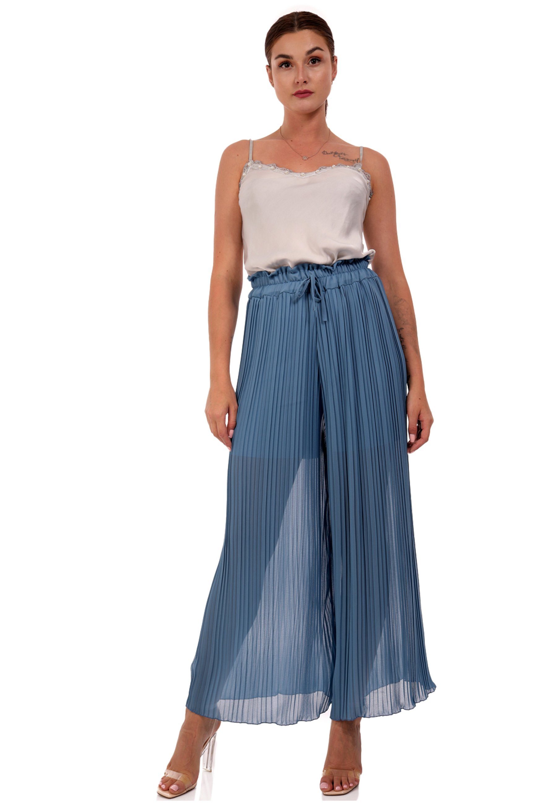 YC Fashion & elastischem One Size Palazzohose in blau Style Hose Plissee mit Faltenhose (1-tlg) 34- Schlupfform 44 casual, Bund Schlupfhose