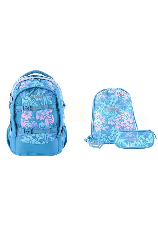 2be Schulrucksack Türkis, mit Turnbeutel und Federmäppchen, Praktischer  Rucksack mit tollem Farbverlauf und Blumenmuster