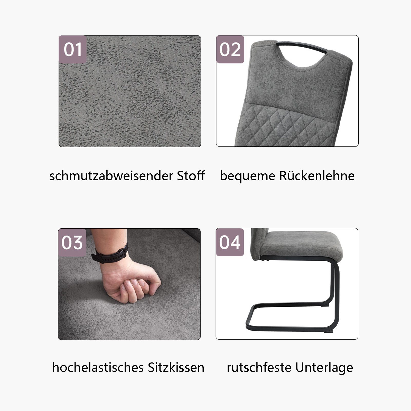 Jiexi Esszimmerstuhl Esszimmerstuhl Grau gepolstert mit Freischwinger Gestell 2er/4er/6er (Set), Schwingstuhl – Bild 3 von 5