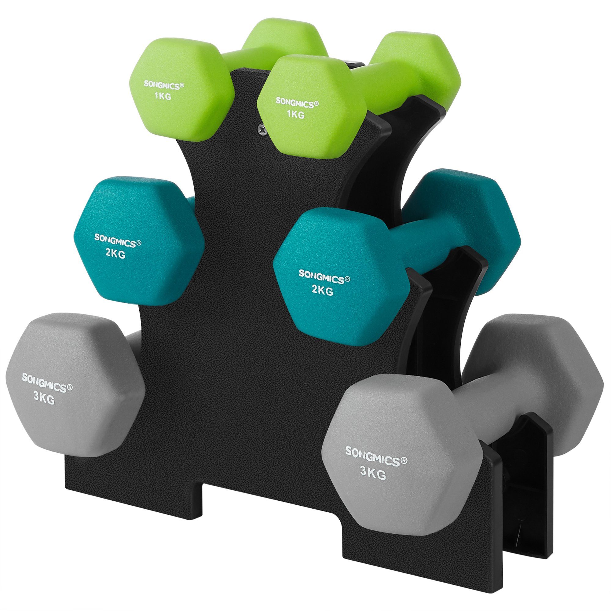 SONGMICS Hantel-Set Kurzhanteln, Hantel Set 12kg, Hexagon, Neopren Hanteln grün-aquamarin-grau